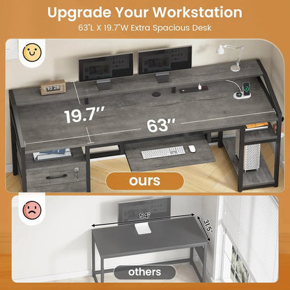 63" Computer Desk, Office Desk with Lockable Drawers for Legal/Letter File, Gaming Desk with LED Lights & Power Outlet, Home Office Desks with Storage, Grey