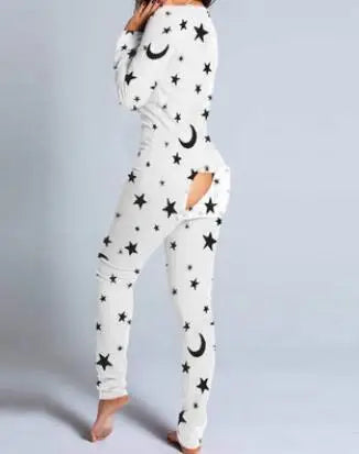 Sexy Pyjama Women's Long Sleeves Homewear Suit Button-Down Front Back Butt Bum Open Ass Flap Jumpsuit Loungewear Christmas Print