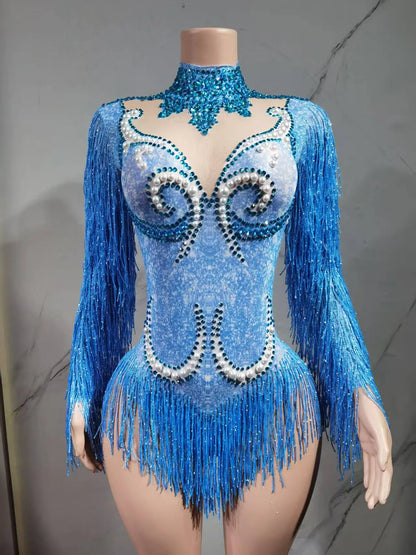 Luxury Gray Fringe Silver Rhinestones Pearls Transparent Bodysuit Women Dance Show Costume Birthday Party Outfit