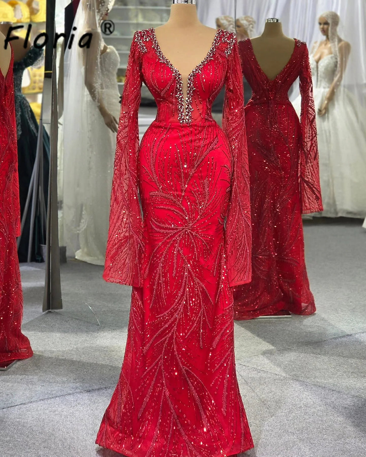 Customized Modest Red Prom Dress With Long Shawl Crystal Mermaid Wedding Party Gowns Woman Evening Wear Vestidos De Gala 2026