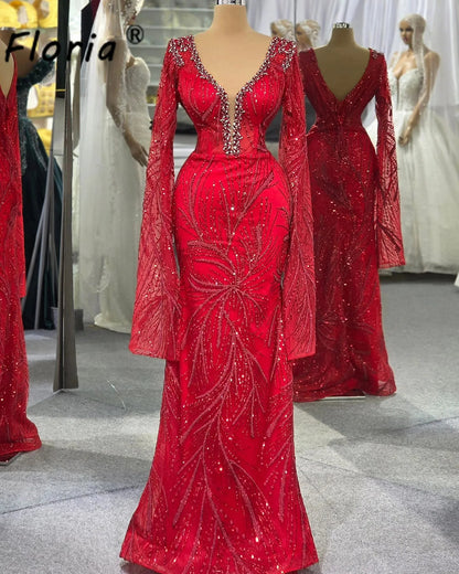 Customized Modest Red Prom Dress With Long Shawl Crystal Mermaid Wedding Party Gowns Woman Evening Wear Vestidos De Gala 2026