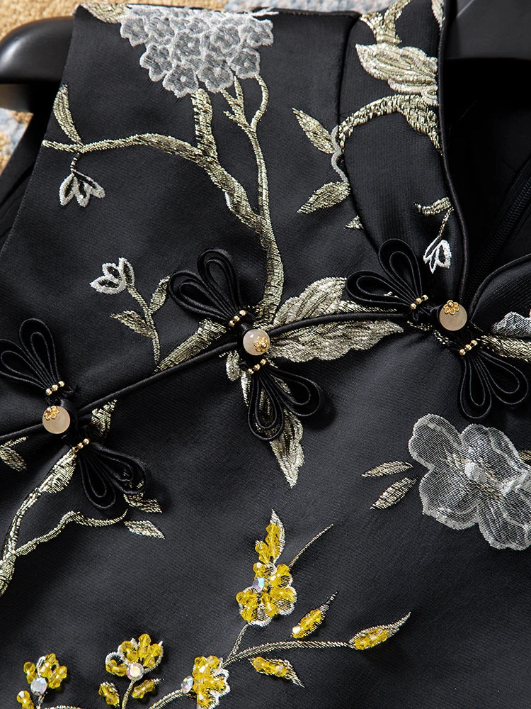 Elegant Black Stand Collar Frog Button Qipao Bird Beaded Jacquard Sleeveless Tank Dress for Women Autumn Party Vintage Chic Gown