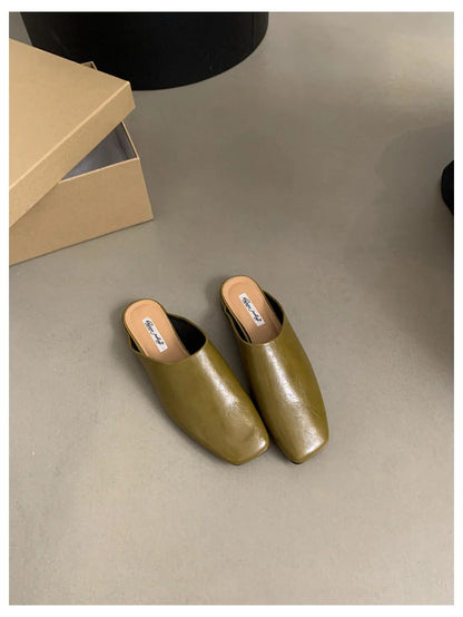 Fashion Square Toe Flat Slippers Women Casual Slip On Mule Luxury Brand Outsides Slides Elegant Pleated Ladies Shoes Sandal Flip