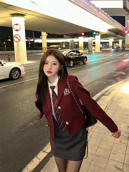 Korean Style Girls JK Uniform Suit Daily Red Blazer Coat Sexy Slim JK Wrap Buttock Skirt Women Preppy Summer School Uniform Suit