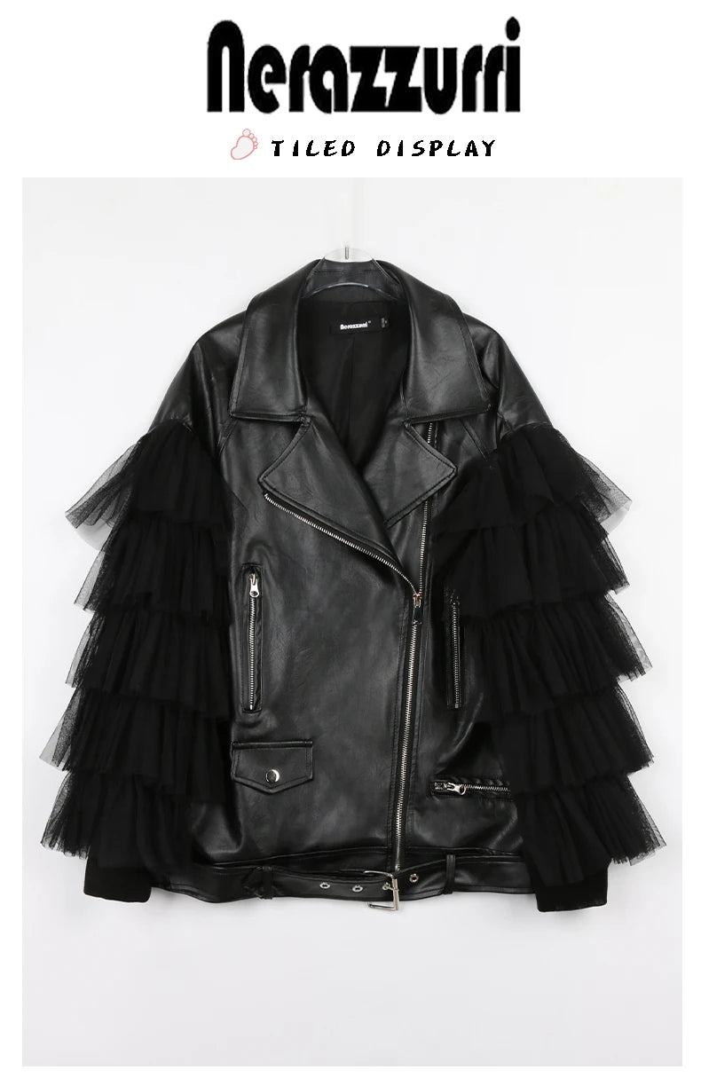 Nerazzurri Spring Autumn Loose Black Faux Leather Jacket Women with Lace Long Sleeves Zipper Belt Luxury Elegant Fashion 2022