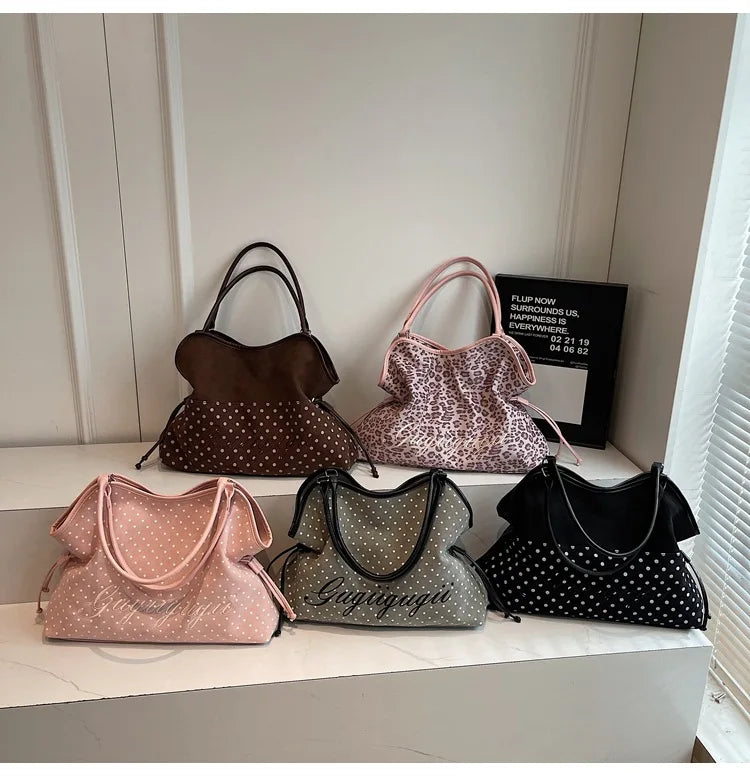 Brand Women's Shoulder Bag Y2k Fashion Sweet Polka Dot Handbag Korean Casual Versatile Leopard Print Brown Frosted Tote Bags