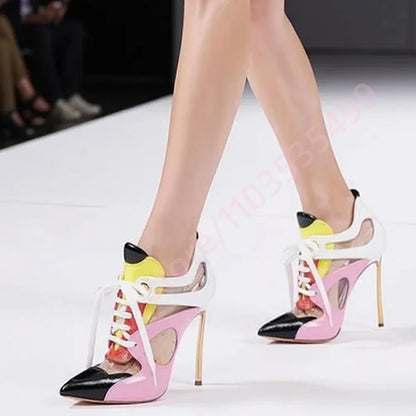 Mixed Color Sexy Catwalk Stiletto Short Boots 2025 New Pointed Stitching Lace-Up Boots Fashion Ladies Party Casual Short Boots
