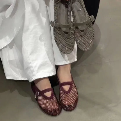 2026 New Model~ Fishnet Rhinestone Ballet Flat Mary Jane Women's Shoes with Hollowed-Out Strap