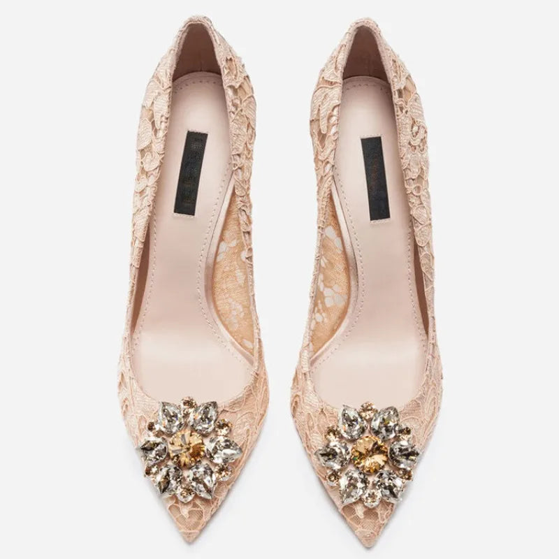 Mesh lace high-heeled shallow mouth shoes 2026 new pointed crystal buckle slim heel fashionable banquet women's single shoes