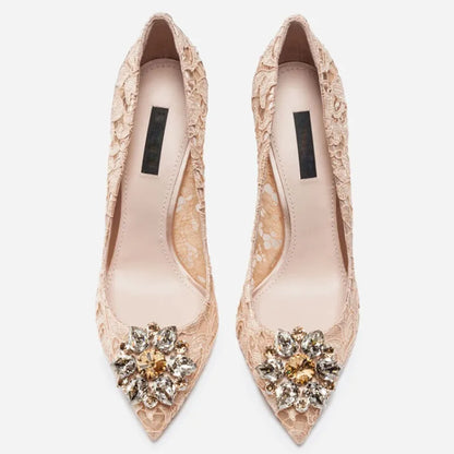 Mesh lace high-heeled shallow mouth shoes 2026 new pointed crystal buckle slim heel fashionable banquet women's single shoes