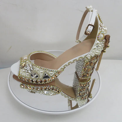 Luxury cyrstal wedding shoes with matching bags woman fashion Thick heel Women party dress shoes Fish beak Women shoes