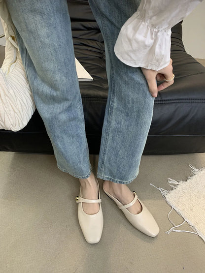 Soft Leather 2025 Ins Silver Buckle Strap Casual Shoes Fashion Flats Elegant Glitter Metallic Mules Shoes Cover Toe Slippers