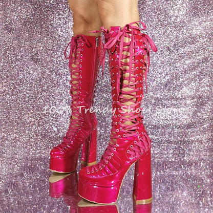 Rainbow Lace-Up Chunky Platform Hollow Out Women Long Boots Summer Cool Knee High Boots Ladies High Heel Gladiator Sandals