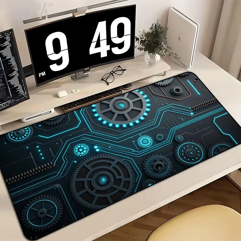 Large XXL Gaming Mouse Pad Desk Mat Keyboard Pad Cyan Circuit Gear Tech Cyberpunk Aesthetic  Mousepad For E-Sports Gamers Boys