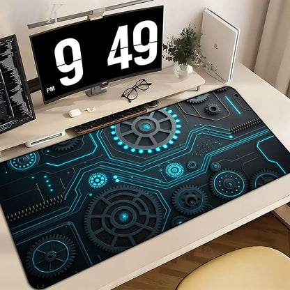 Large XXL Gaming Mouse Pad Desk Mat Keyboard Pad Cyan Circuit Gear Tech Cyberpunk Aesthetic  Mousepad For E-Sports Gamers Boys