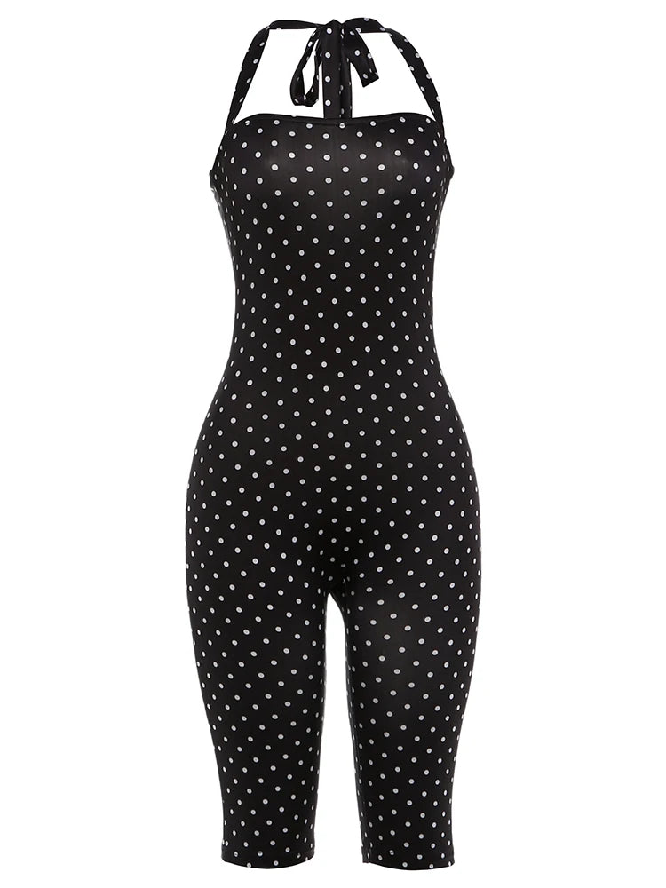 Kliou Polka Dot Print Playsuit Woman Summer Trend Bandage Halter Backless Skinny Peach Hip Hot Girls High Street Fashion Rompers