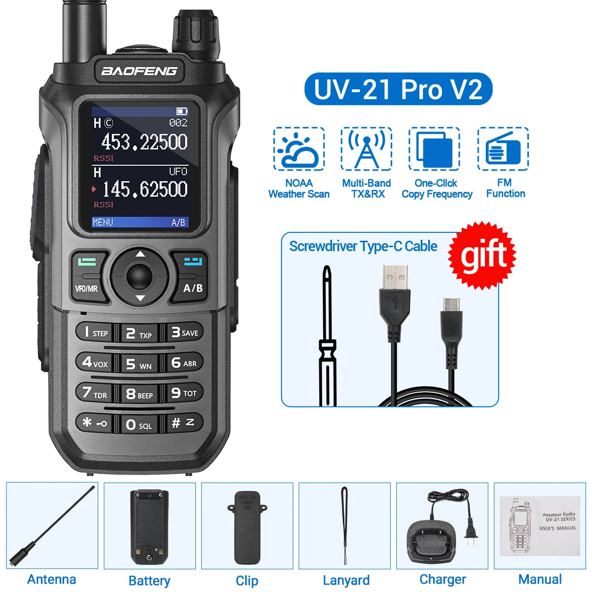 Baofeng UV-21 Pro V2 Air Band Walkie Talkie Wireless Copy Frequency AM Type-C Long Range Upgrade UV-5R Ham Radio