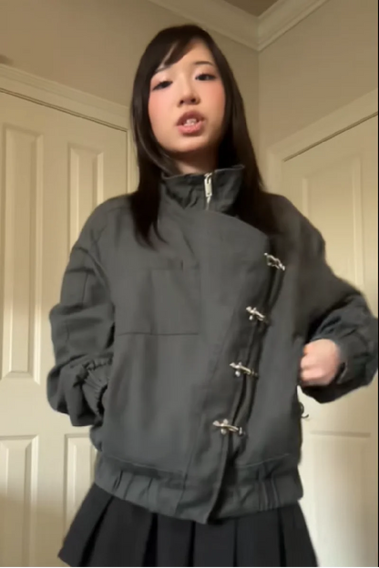 Women' S Vintage High Neck Jacket Metal Buckle Zipper Loose Coat Full Sleeve Outwears 2025 New Lady Fall Winter Streetwears