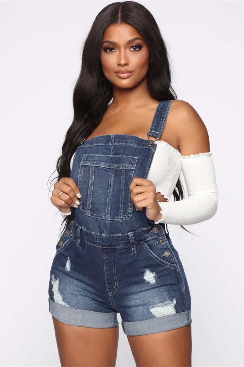 Streetwear Denim Ripped Suspender Rompers Playsuits Summer Clothing Women 2025 Jean Shorts Jumpsuits One Pieces Overalls Outfits
