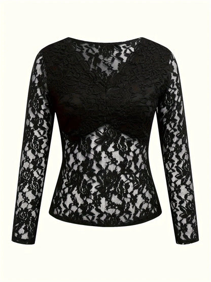 Women Lace V Neck Long Sleeve Sheer Mesh Floral Lace Top Slim Fit See Through Bodycon Jumpsuit for Party Clubwear Daily Wear