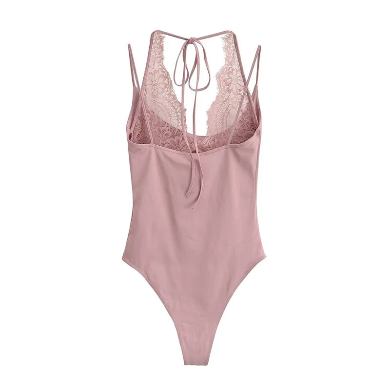 Women's Sexy Nightclub Party Pink Jumpsuit, Spliced Lace Sleeveless Tight-Fitting Jumpsuit, 2026 Fashion Women's Slim Top