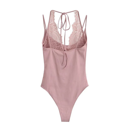 Women's Sexy Nightclub Party Pink Jumpsuit, Spliced Lace Sleeveless Tight-Fitting Jumpsuit, 2026 Fashion Women's Slim Top