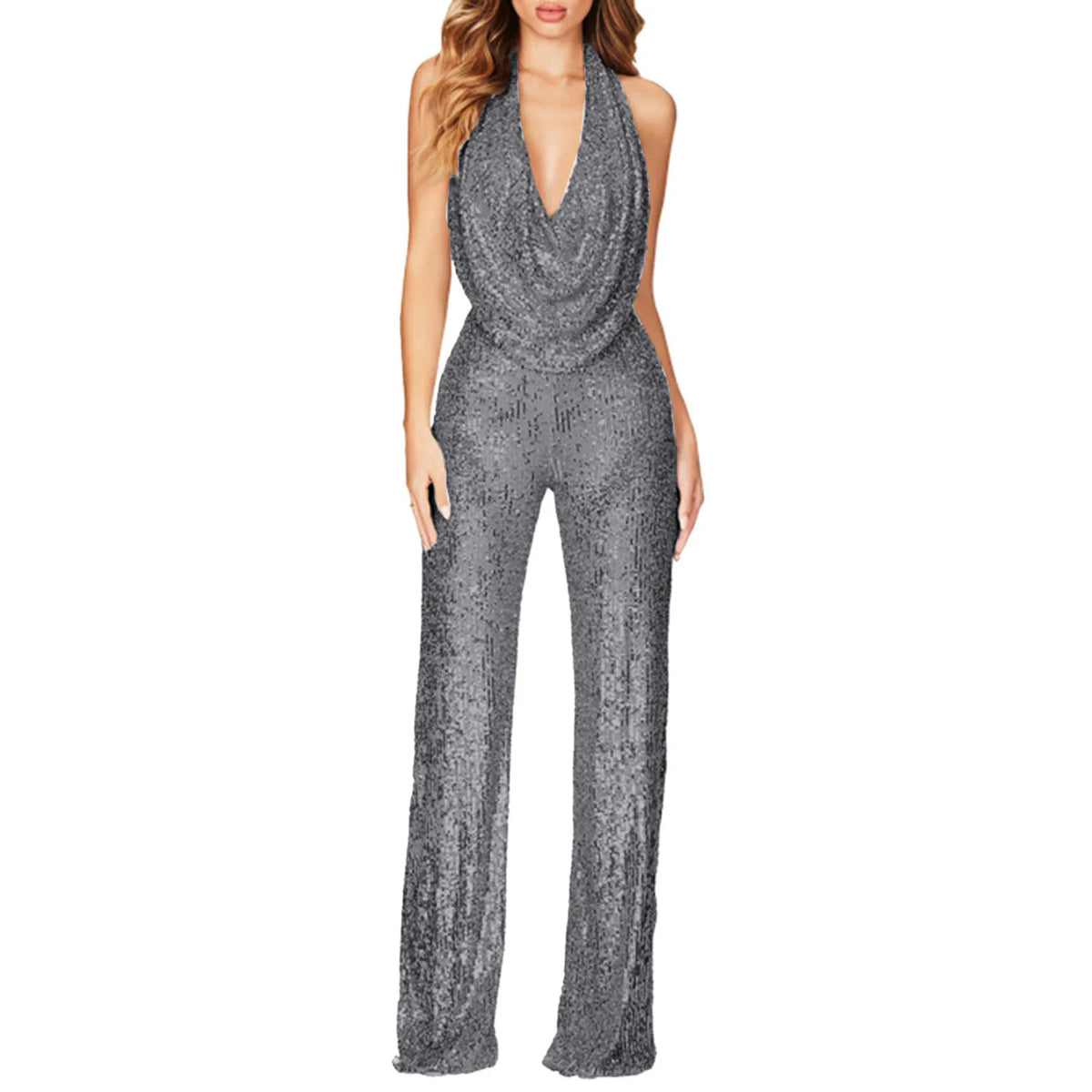 Elegant Women Deep V Wide Leg Jumpsuits Swing Neck Sleeveless Halter One-Piece Jumpsuits Fashion Sequin Shiny Party Romper