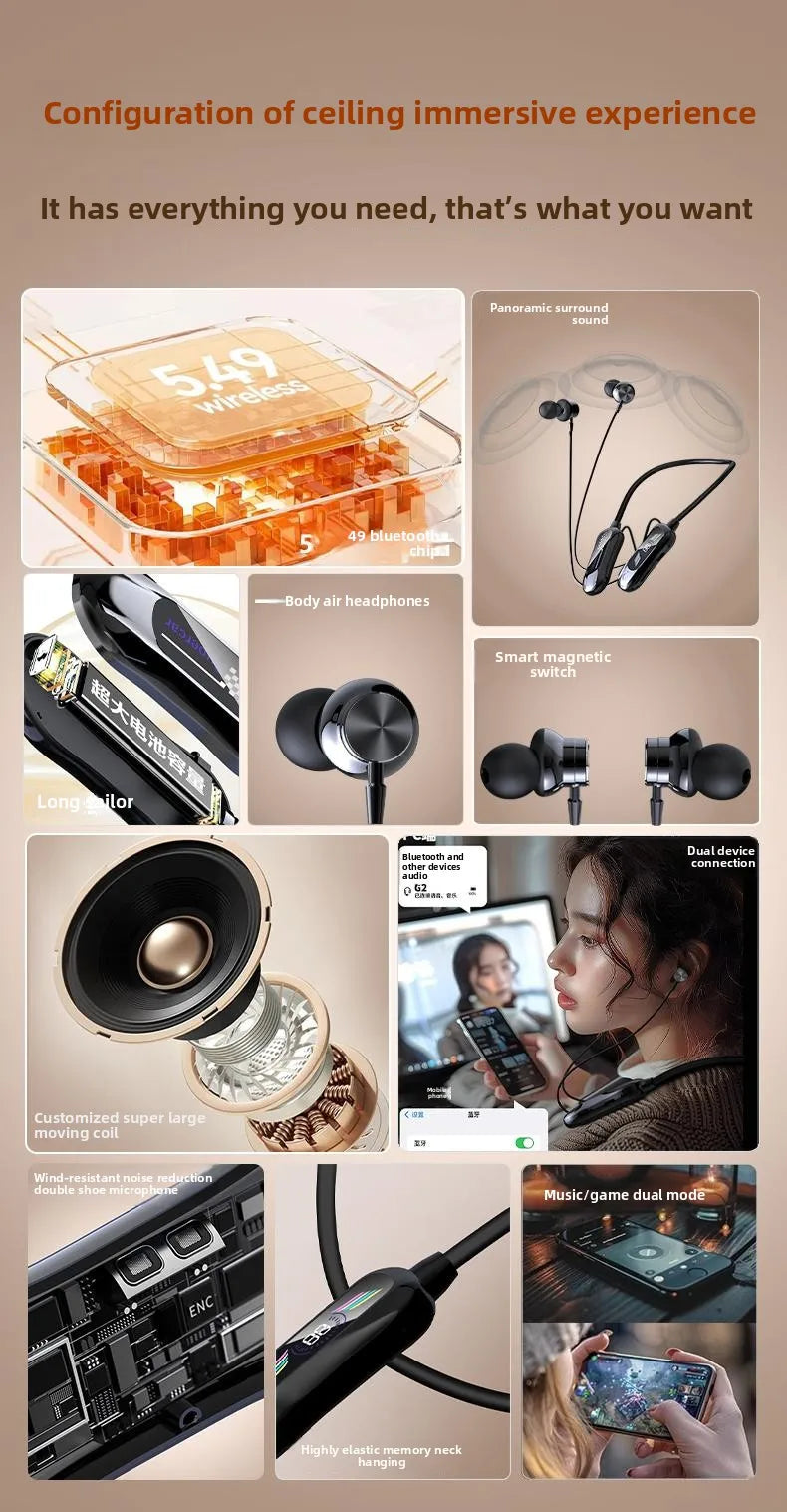 Wireless Magnetic Sport Neckband Bluetooth 5.4 Neck-hanging TWS Headphones Music Earphones With Mic Stereo For All Smartphones