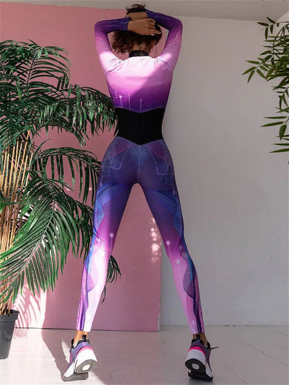 Krisnanas Purple Zipper Jumpsuits for Women 2026 New Spliced Slim Fit Long Sleeve Sweatpants Gym Clothes Sportwear 70288