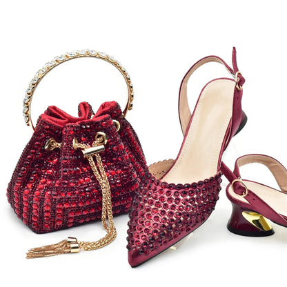 New Fashion Gold Color Shoes and Bags To Match Set Nigeria Party Women's Wedding Bag and Shoe Set Decorated with Rhinestone