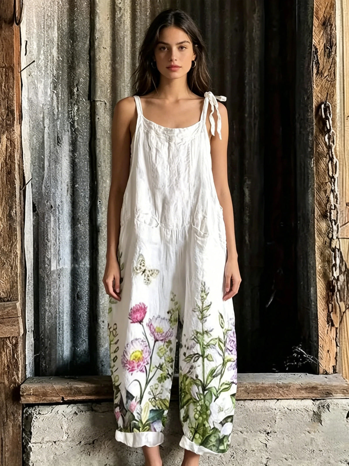 Summer Bohemian Floral White Daisy Print Baggy Jumpsuits Ladies Soft Cotton Linen Tie Strap Wide Leg Overalls Casual Daily Wear