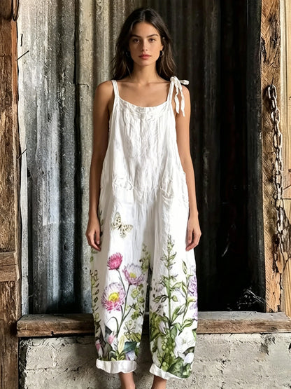 Summer Bohemian Floral White Daisy Print Baggy Jumpsuits Ladies Soft Cotton Linen Tie Strap Wide Leg Overalls Casual Daily Wear