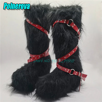 Black Fur Platform Knee High Boots for Women Punk Rivet Belt Buckle Strap Snow Boots Winter Warm Fashion Y2K Girl Shoes Big Size