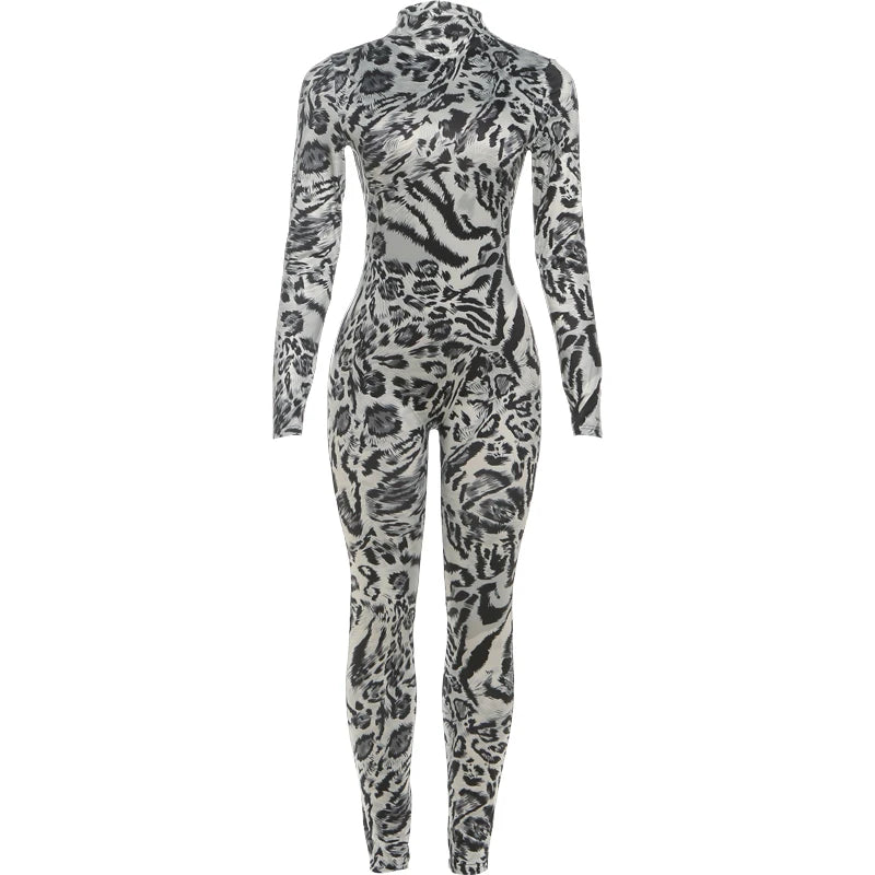 Kliou Leopard Print Jumpsuit Woman Autumn Trend Turtleneck Full Sleeve Skinny Peach Hip Hot Girls Midnight Sexy Fashion Overalls