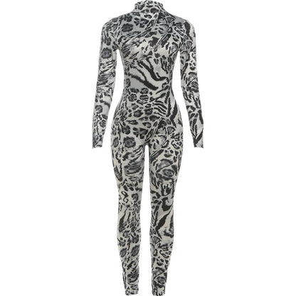 Kliou Leopard Print Jumpsuit Woman Autumn Trend Turtleneck Full Sleeve Skinny Peach Hip Hot Girls Midnight Sexy Fashion Overalls