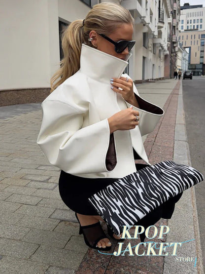 Women Cropped PU Leather Jacket Stand Collar Wide Flare Sleeve Asymmetrical Wrap Open Front Coat 2026 Autumn Chic Loose Jackets
