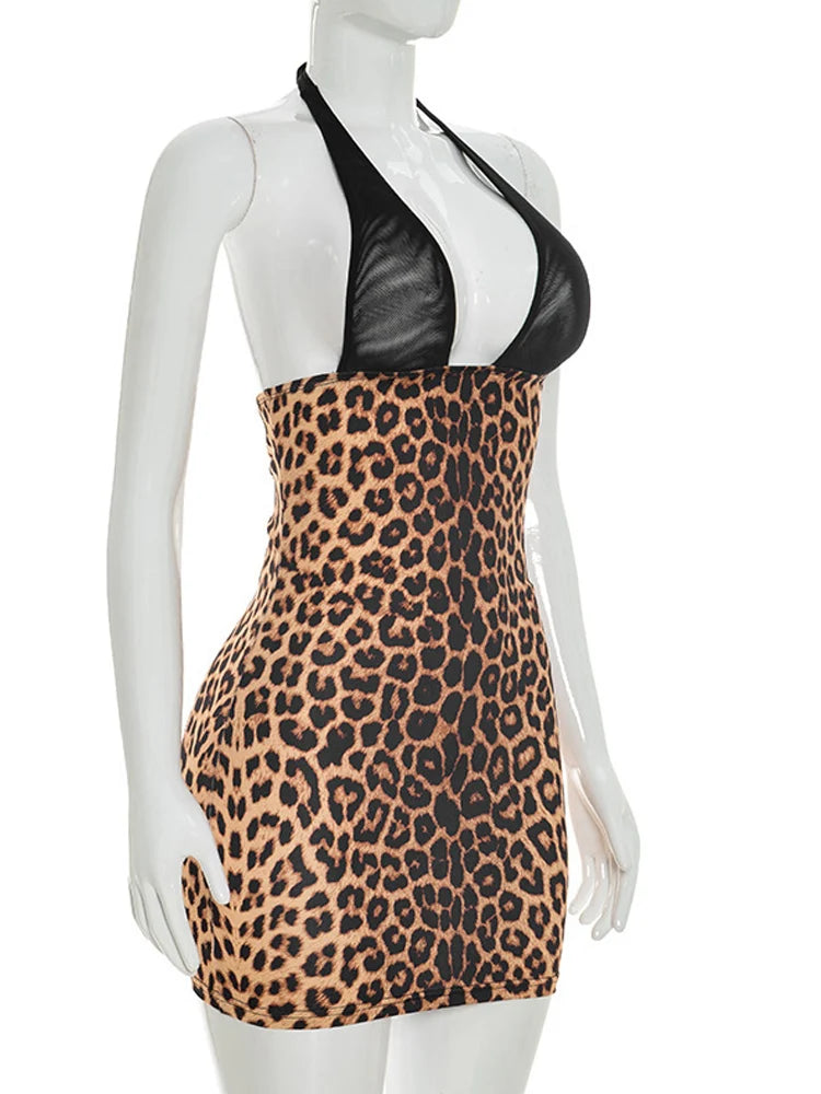 Kricesseen Sexy Leopard Mesh Patchwork Mini Dress Women Bandage Sleeveless Bodycon Dress Backless Clubwear Vestidos