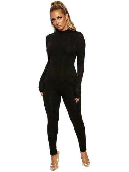 solid black/gray long sleeve skiing jumpsuit women elastic hight outfit fashion fitness sportwear slim rompers streetwear