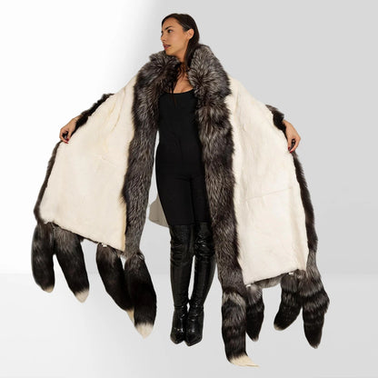 Unisex Double Face Silver Fox & White Rex Boa-Cape With Tails Real Fur Scarf Long Hot Selling Warm Natural Fur Scarf