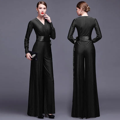 Fashion Women Long Sleeve Sexy V Neck Wide Leg Rompers Belted High Waist Jumpsuits Long Office Ladies Outfits Jumpsuit Colors