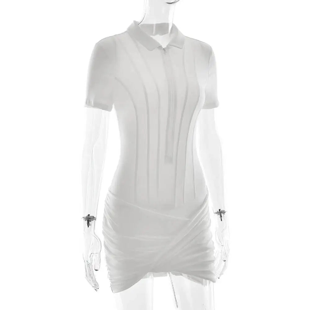 Sibybo Polo Collar Zipper Women Jumpsuits Set Short Sleeve High Elastic Rompers Ruched Bodycon Skirt Spring Casual Matching Sets