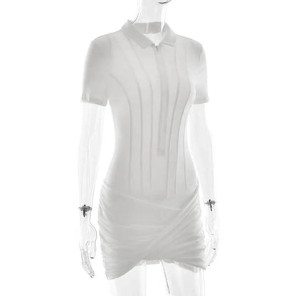 Sibybo Polo Collar Zipper Women Jumpsuits Set Short Sleeve High Elastic Rompers Ruched Bodycon Skirt Spring Casual Matching Sets