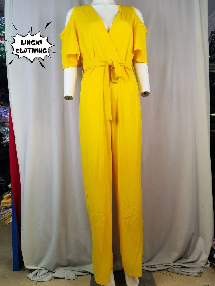 2024 Spring/Summer New Women's jumpsuit loose and elastic V-neck off shoulder waist loose wide leg pants for women's clothing
