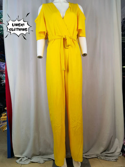 2024 Spring/Summer New Women's jumpsuit loose and elastic V-neck off shoulder waist loose wide leg pants for women's clothing