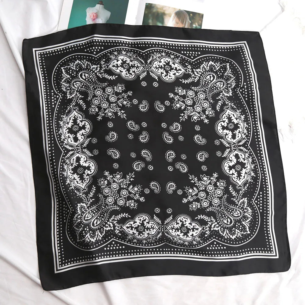 Versatile Women Professional Neck Scarf 70cm Black Paisley Printed Hip Hop Bandana Square Scarf Headwear Hairwrap