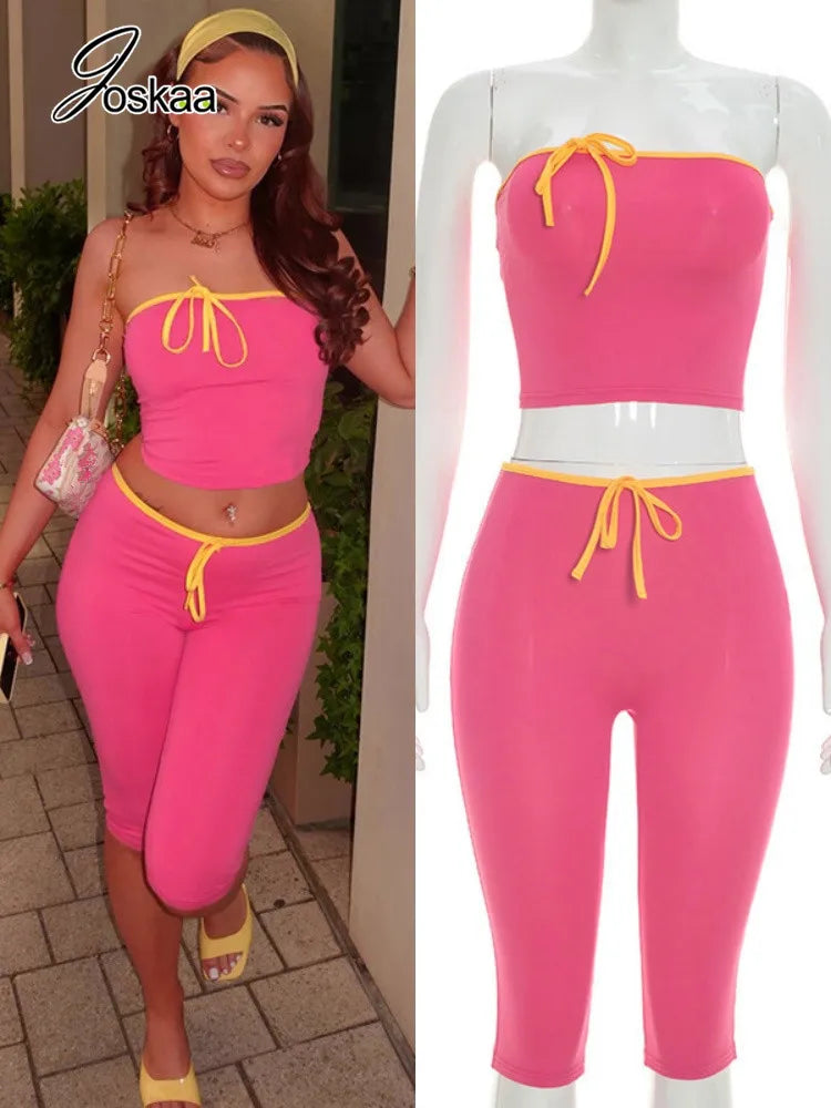 Joskaa Sexy Line Patchwork 2 Piece Set Women Strapless Bow Crop Top and High Waist Capri Pants Matching Tracksuits Streetwear