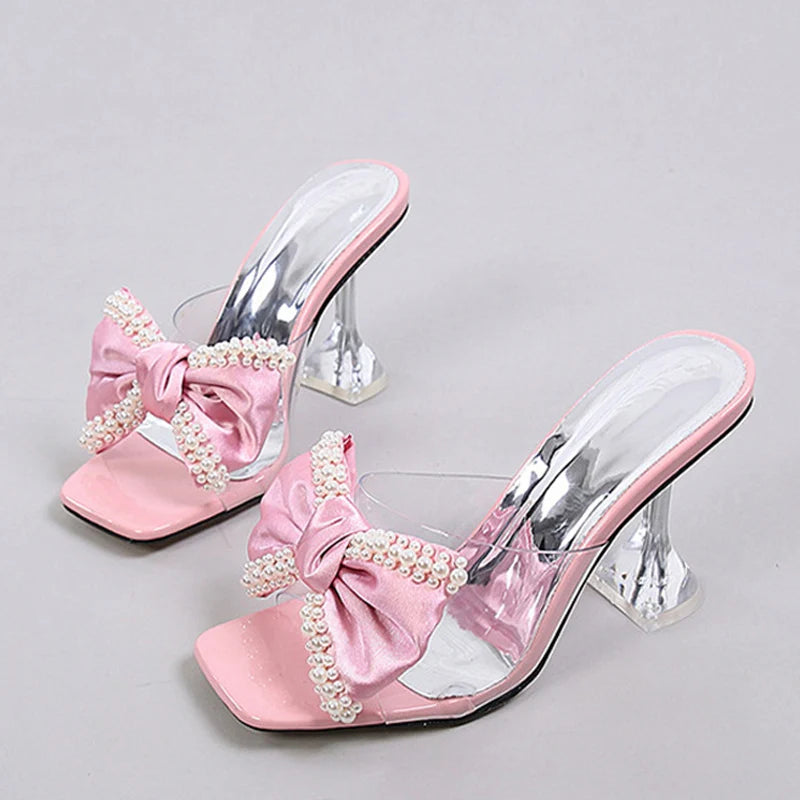 Liyke 2026 New Style Pink Women Slippers Sandals Fashion Pearl Bowknot High Heels PVC Transparent Shoes Summer Mule Slides Pumps