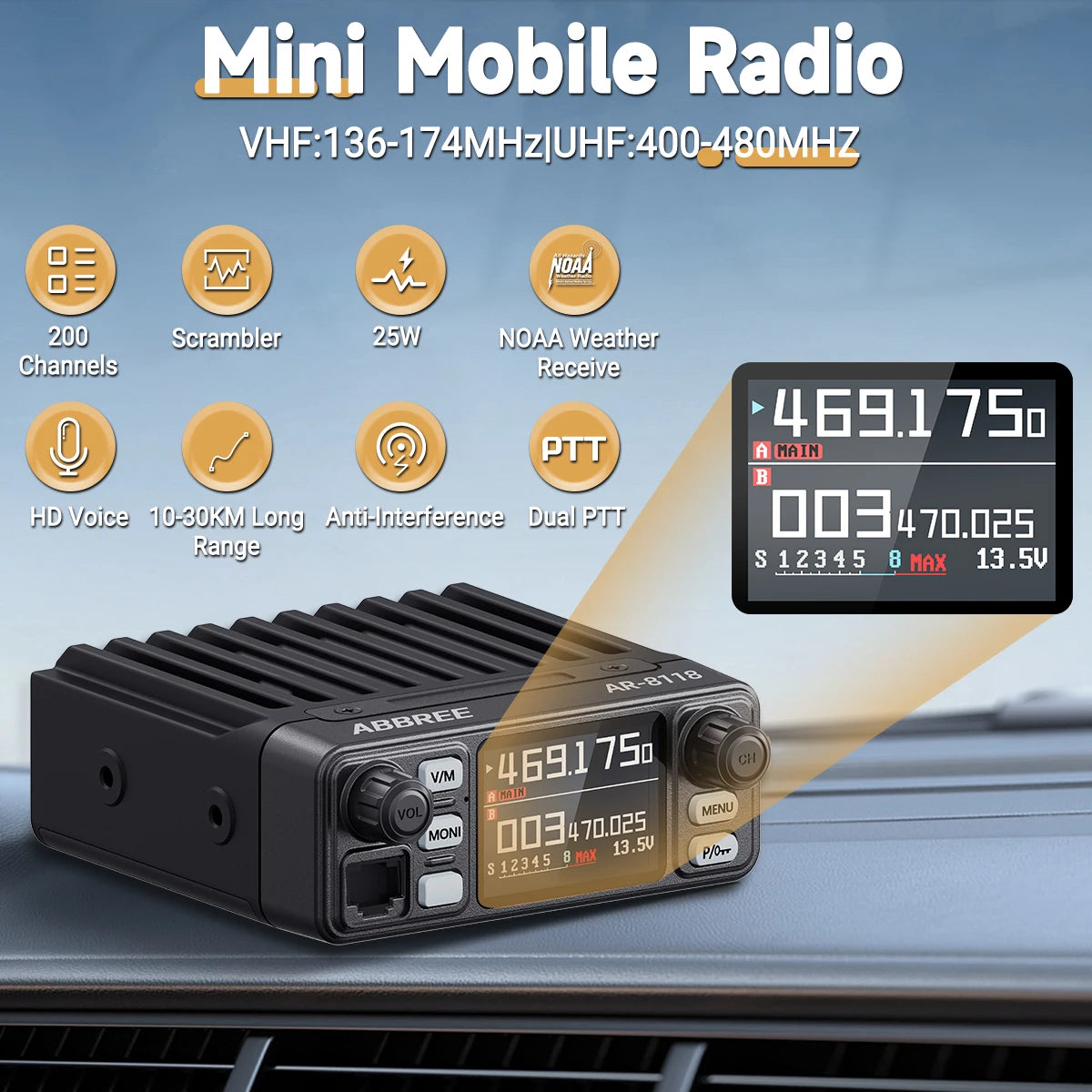 ABBREE AR-8118 Mini Mobile Radio 25W Dual Band VHF UHF 200CH Long Range NOAA VOX Clear HD Voice Dual PTT Car Radio