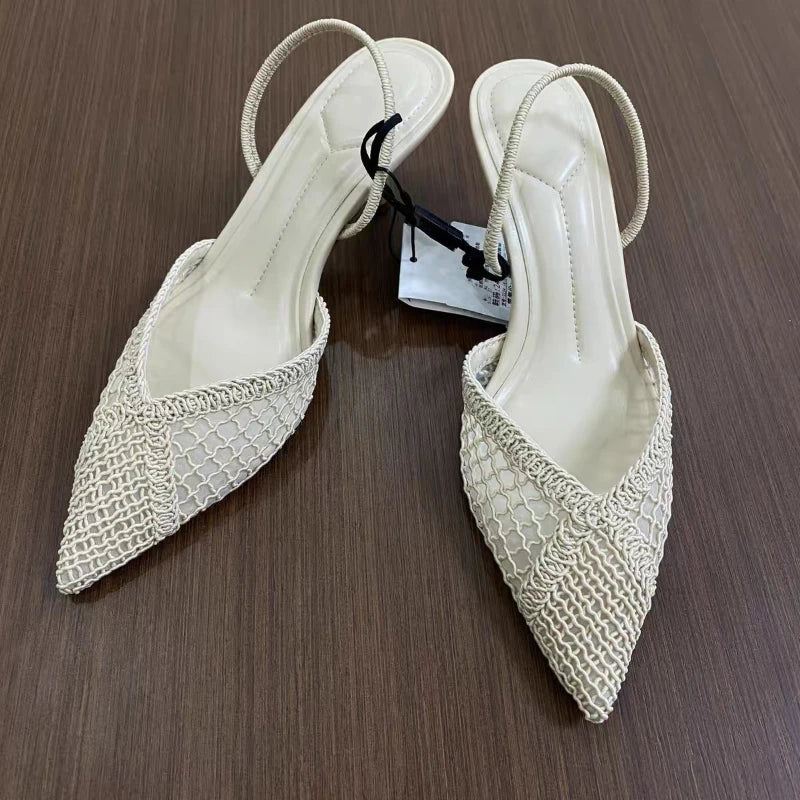 Comfort Mesh Woven Brand Pumps Women Summer Fashion Pointy Toe Thin Heel Designer Shoes Elegant Banquet Dress Shoe Zapatos Mujer