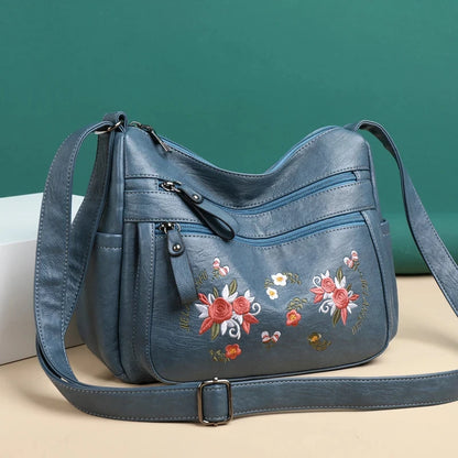 Embroidery Flowers Shoulder Messenger Bag Female Handbags Luxury Designer Purses Soft PU Leather Crossbody Women's Evening Bag
